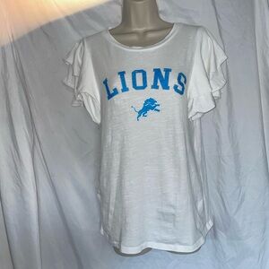 Women's small Detroit Lions White and Blue Graphic Top with Ruffle sleeves